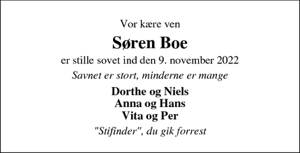Dødsannoncen for Søren Boe - Roslev