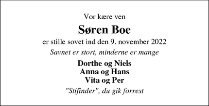 Dødsannoncen for Søren Boe - Roslev