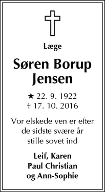 Dødsannoncen for Søren Borup Jensen - London