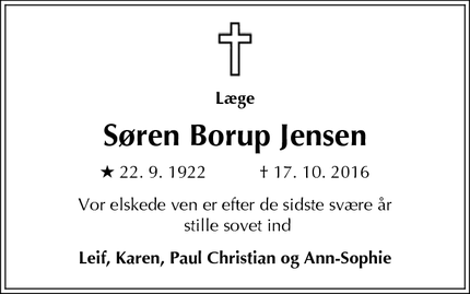 Dødsannoncen for Søren Borup Jensen - London