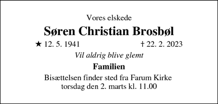 Dødsannoncen for Søren Christian Brosbøl - Farum
