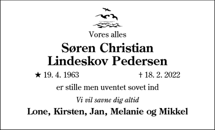 Dødsannoncen for Søren Christian
Lindeskov Pedersen - vojens