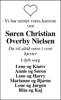 Dødsannoncen for Søren Christian
Overby Nielsen - Bording Stationsby