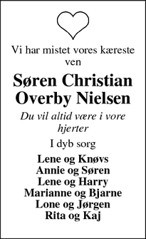 Dødsannoncen for Søren Christian
Overby Nielsen - Bording Stationsby