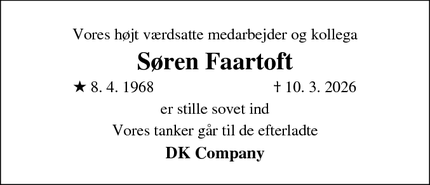 Dødsannoncen for S&oslash;ren Faartoft - Ikast