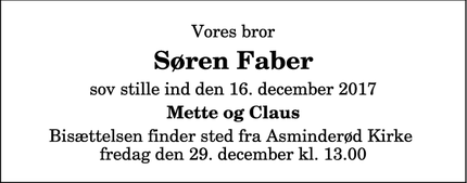 Dødsannoncen for Søren Faber - Fredensborg