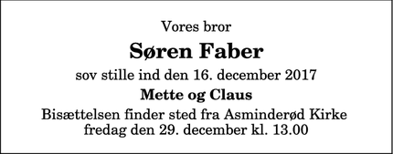Dødsannoncen for Søren Faber - Fredensborg