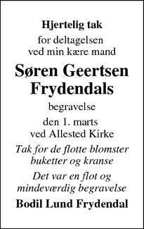 Taksigelsen for Søren Geertsen Frydendals - HAARBY