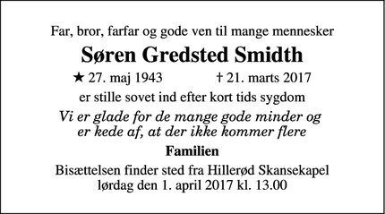 Dødsannoncen for Søren Gredsted Smidth - Frederikssund