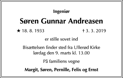Dødsannoncen for Søren Gunnar Andreasen - Hillerød