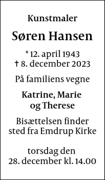 Dødsannoncen for Søren Hansen - Greve
