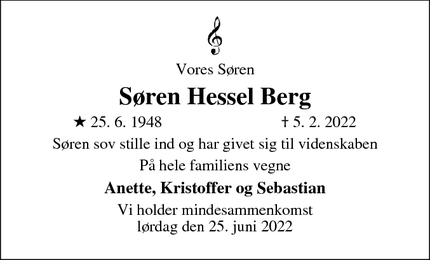 Dødsannoncen for Søren Hessel Berg - Værløse