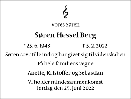 Dødsannoncen for Søren Hessel Berg - Værløse