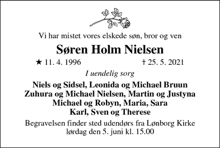 Dødsannoncen for Søren Holm Nielsen - København