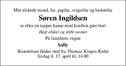 Dødsannoncen for S&oslash;ren Ingildsen - Blommenslyst
