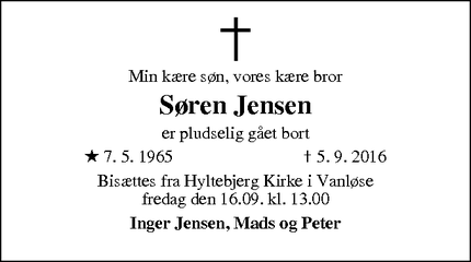Dødsannoncen for Søren Jensen - Vanløse