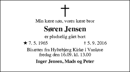 Dødsannoncen for Søren Jensen - Vanløse