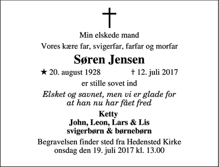 Dødsannoncen for Søren Jensen - Hedensted