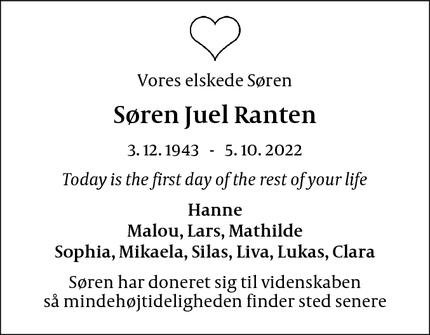 Dødsannoncen for Søren Juel Ranten - Farum