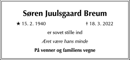 Dødsannoncen for Søren Juulsgaard Breum - Hellerup