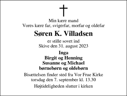 Dødsannoncen for Søren K. Villadsen - Højslev