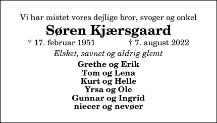 Dødsannoncen for Søren Kjærsgaard - Nørresundby
