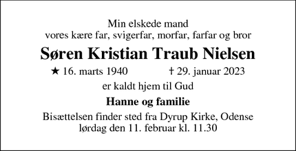Dødsannoncen for Søren Kristian Traub Nielsen - Odense 