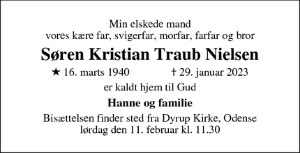Dødsannoncen for Søren Kristian Traub Nielsen - Odense 