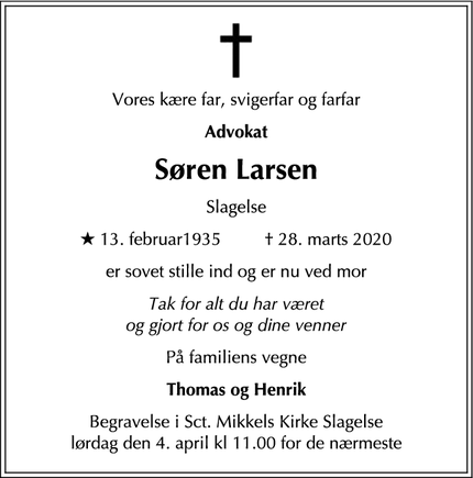 Dødsannoncen for Søren Larsen - Slagelse