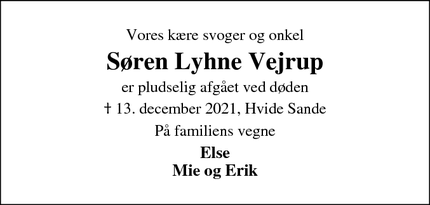 Dødsannoncen for Søren Lyhne Vejrup - Hvide Sande