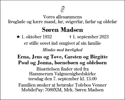 Dødsannoncen for Søren Madsen - Hammerum