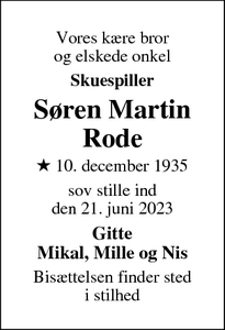 Dødsannoncen for Søren Martin
Rode - København/Frederiksberg