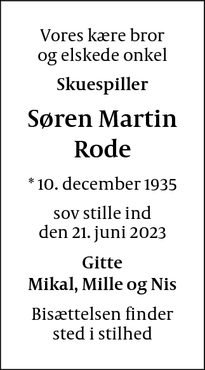 Dødsannoncen for Søren Martin
Rode - København/Frederiksberg