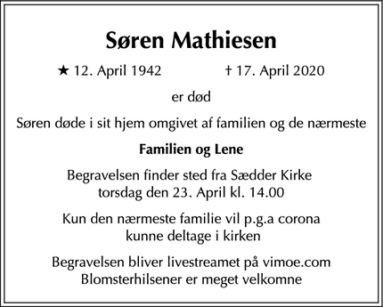 Dødsannoncen for Søren Mathiesen - Sædder Tureby