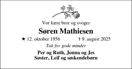 Dødsannoncen for Søren Mathiesen - Hvide Sande