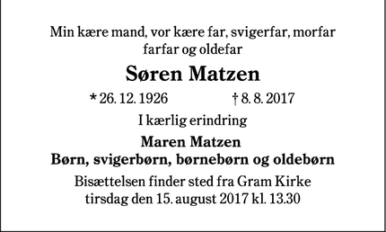 Dødsannoncen for Søren Matzen  - Gram