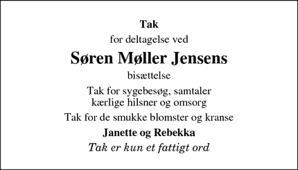 Dødsannoncen for Søren Møller Jensens - Framlev