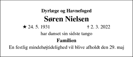 Dødsannoncen for Søren Nielsen - Troense