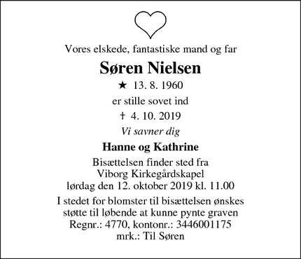 Dødsannoncen for Søren Nielsen - Viborg
