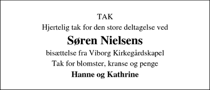 Dødsannoncen for Søren Nielsens - Viborg