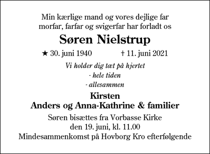 Dødsannoncen for Søren Nielstrup - 6623 Vorbasse