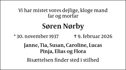 Dødsannoncen for S&oslash;ren N&oslash;rby - Frederiksberg