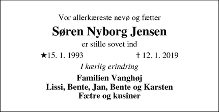 Dødsannoncen for Søren Nyborg Jensen - 6980 Stadil