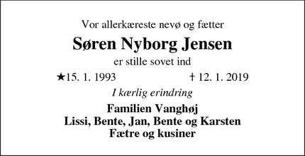 Dødsannoncen for Søren Nyborg Jensen - 6980 Stadil