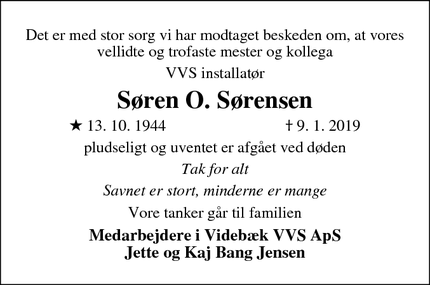Dødsannoncen for Søren O. Sørensen - Videbæk