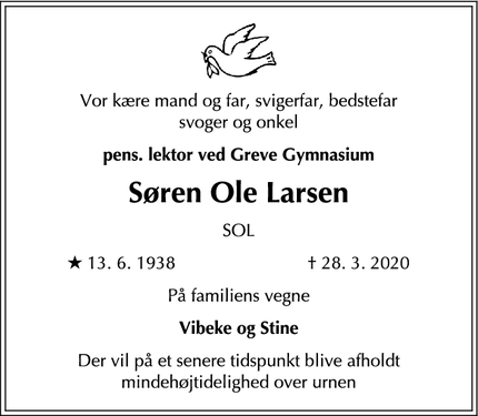 Dødsannoncen for Søren Ole Larsen - Slagelse