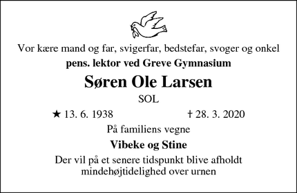 Dødsannoncen for Søren Ole Larsen - Slagelse