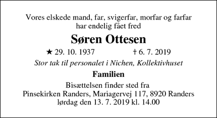 Dødsannoncen for Søren Ottesen - Vejle