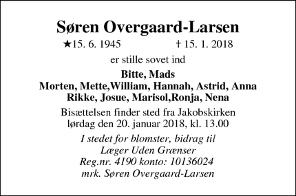 Dødsannoncen for Søren Overgaard-Larsen - Roskilde