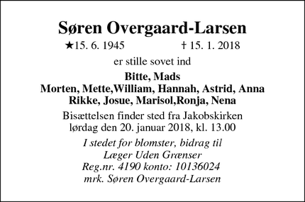 Dødsannoncen for Søren Overgaard-Larsen - Roskilde